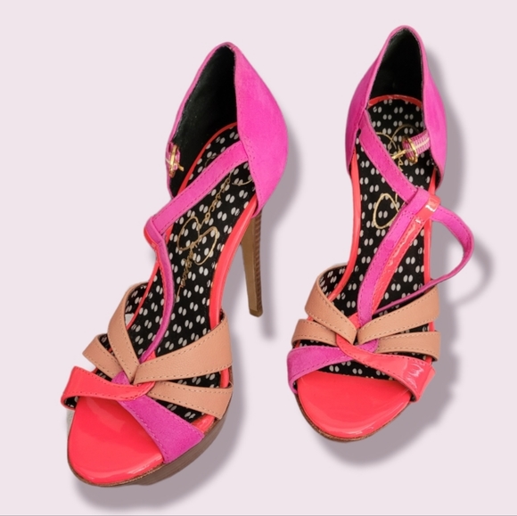 Jessica Simpson pink orange high heels leather & suede stiletto size 5 - Picture 4 of 11